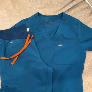 Figs Teal Scrub Set with Bright Orange Ties